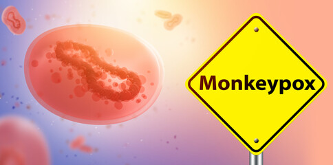 Wall Mural - Monkeypox cell. Warning road sign. Infectious disease molecules in blood. Monkeypox cell in patient's body. Infectious disease. Monkeypox pandemic. Symptoms of fever under microscope. 3d rendering.