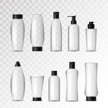 Realistic Cosmetic Transparent Bottles With Black Caps On White Background. Cosmetic Cream Containers And Tubes For Cream, Lotion, Shampoo, Gel, Balsam, Conditioner, Spray. 3d Vector Illustration