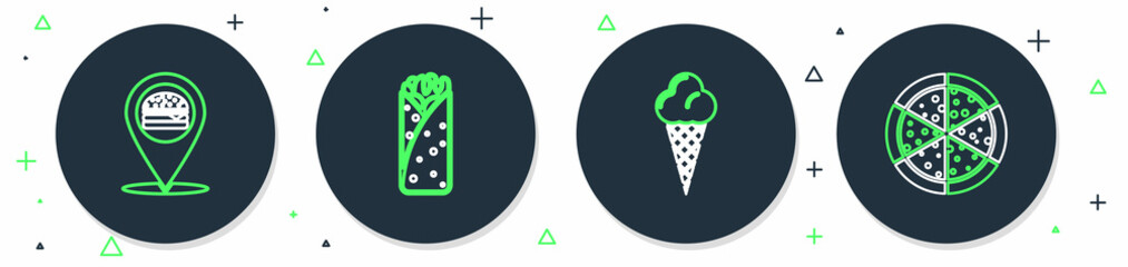 Sticker - Set line Burrito, Ice cream in waffle cone, Location with burger and Pizza icon. Vector