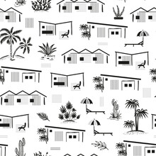 Summer Vacation Theme Vector Seamless Black White Pattern. Seaside Holiday Homes, Beach Buildings, Palm Trees And Tropical Plants.