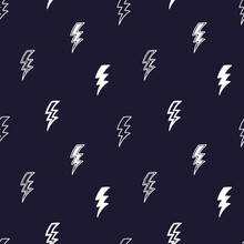 Lightning Bolt Signs Vector Seamless Pattern. Hand Drawn Doodle Thunderbolts. Black White Background.