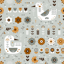 Scandinavian Goose And Duck With Floral Ornament Seamless Pattern. Earth Tone Background With Birds And Flowers. Nordic Traditional Cute Ornament. Scandi Style. Folk Art Design Vector Illustration.