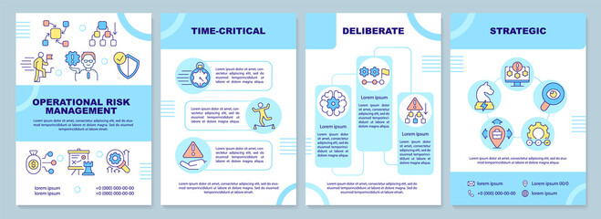 Operational risk management levels blue brochure template. Leaflet design with linear icons. 4 vector layouts for presentation, annual reports. Arial-Black, Myriad Pro-Regular fonts used