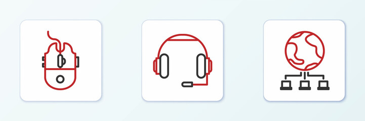 Poster - Set line Computer network, mouse gaming and Headphones icon. Vector