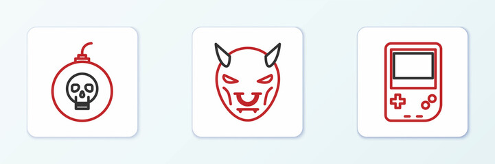 Sticker - Set line Portable video game console, Bomb ready to explode and Mask of the devil with horns icon. Vector