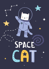Wall Mural - cat astronaut poster with lettering. vector print with cute kitten cosmonaut in the space.