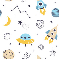 Wall Mural - cute outer space scandinavian pattern. cosmic vector seamless print for baby textile and fabric.