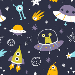 Wall Mural - cute space adventure pattern with aliens on ufo. funny seamless cosmic print for baby textile and fa