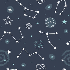 Wall Mural - night sky pattern with constellations. astronomy vector seamless print with stars and asteroid.