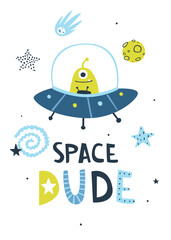Wall Mural - space print with doodle alien flying in the ufo. cute baby cosmic poster with lettering.