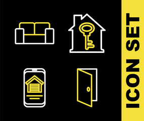 Sticker - Set line House with key, Closed door, Online real estate house and Sofa icon. Vector