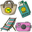 Summer paraphernalia in cartoon style, summer travel bag with passport and ticket