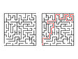 © Віталій Баріда - Labyrinth logic game way set. Maze challenge with red line route hint. Find right way. Square jigsaw for children books and magazines. Vector isolated on white background.