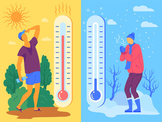 Canvas Print - Cartoon Color Characters People with Outdoor Temperature Thermometers and Hot or Cold Weather Concept Flat Design Style. Vector illustration