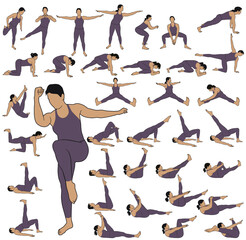 Wall Mural - Big set of colored vector silhouettes of woman practicing fitness and yoga. Illustrations of girl in costume doing exercises and stretching in different poses isolated on white background. 