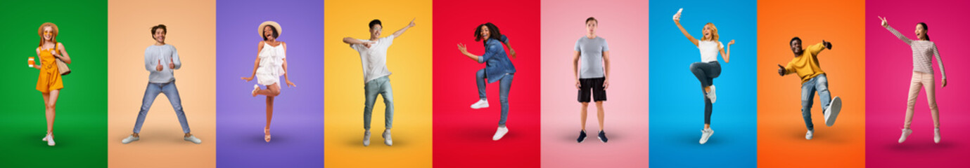 Sticker - Multiracial millennials posing on colorful backgrounds, collection of studio photos