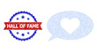 Network love status wireframe icon, and bicolor grunge Hall of Fame stamp. Mesh wireframe image is created from love status icon.