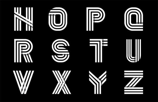 Decorative alphabet, font with capital letters. Modern set for monograms, logos, emblems, initials. Made of white stripes Overlapping with shadows