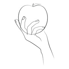 Sticker - Apple in hand one line drawing on white isolated background