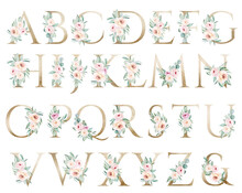 Light Golden Capital Letters With Watercolor Roses And Leaves. Pastel Floral Alphabet