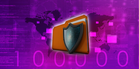 Poster - laptop folder with shield. Isolated 3d rendering image