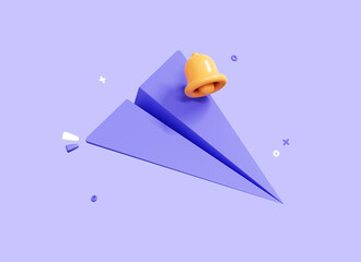Poster - 3d paper airplane cartoon icon with bell notification. online news with origami paper plane. send me