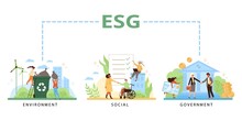 Company Ethics Of Social, Environmental And Governance, ESG Concept - Flat Vector Illustration On White.