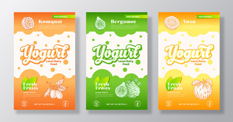 Canvas Print - Fruits and Berries Yogurt Label Templates Set. Abstract Vector Dairy Packaging Design Layouts Collection. Modern Banner with Hand Drawn Kumkuat, Bergamot and Yuzu Sketches Background Isolated