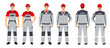 © Евгений Казанцев - A set of branded overalls. Man and woman in branded work clothes. Helmets and overalls. Gray and red colors