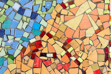 texture, background, mosaic of bright fragments of ceramic glazed tiles