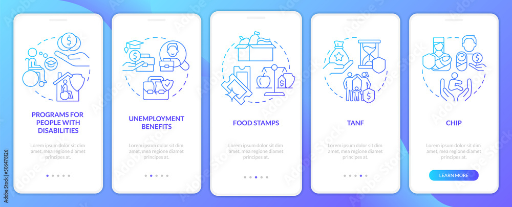 Government benefits blue gradient onboarding mobile app screen ...