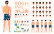 © CuteDesigns - Character Constructor with Man Wearing Swim Trunks and Sun Glasses on Beach. Lip sync, hand Gestures, Emotions and Picnic Items Vector File