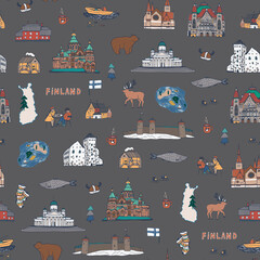 Finland Helsinki architecture objects, travel vector seamless pattern