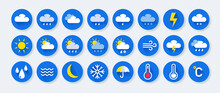 Weather Icons. Meteorology Forecast Round Signs. Precipitation And Temperature Prognosis. Sunny Day With Bright Sunshine. Cloudy Sky. Summer Rain And Winter Snow. Vector Symbols Set