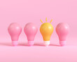 © Yellow duck - 3d outstanding light bulb different pink light bulbs. creative thinking innovation concept. 3d render illustration cartoon minimal style. isolated on pink background. Turned off and glowing lamps.