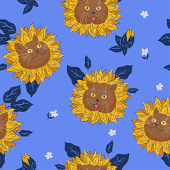 Wall Mural - Seamless pattern with cat faces and flowers. Vector graphics.