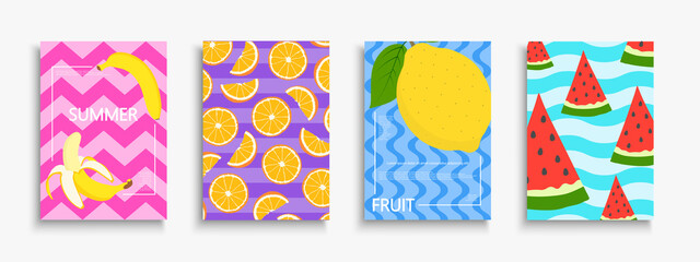 Canvas Print - Collection of bright colorful summer posters, templates, placards, brochures, banners, flyers, magazines, cards and etc. Vibrant tropical fruit covers. Funky cartoon prints