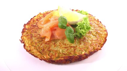 Sticker - Smoked Salmon - Fish Plate with Potato Pancake isolated on white Background