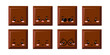© Irina - Cute square chocolate bar piece kids emoji character vector icon set. Yummy milky smilling, sad, winking choco chunk with face. Kawaii cartoon style cacao sweet food morsel emoticon illustration.
