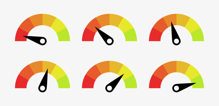 feedback speedometer slider icon sign with satisfaction meter scale and arrow direction, tachometer 