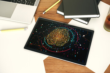 Poster - Creative artificial Intelligence concept with human brain hologram on modern digital tablet screen. Top view. 3D Rendering