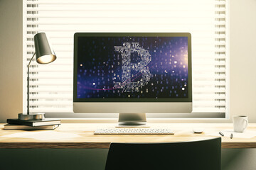 Poster - Modern computer display with creative Bitcoin symbol hologram. Mining and blockchain concept. 3D Rendering
