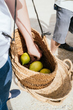Crop Anonymous Woman Putting Ripe Lemons Into Wicker Basket On Farm