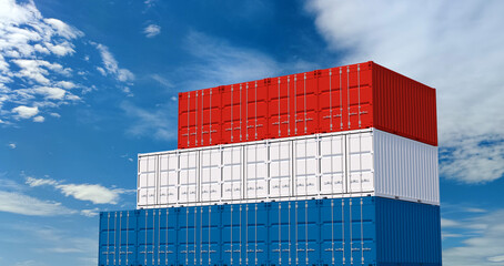 Wall Mural - 3D Illustration container. 3D rendering of Holland national flag color shipping container on blue sky. International logistics to Holland.