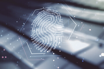 Poster - Multi exposure of virtual abstract fingerprint illustration on blurry abstract metal background, digital access concept