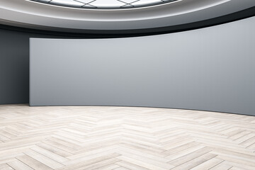 Aufkleber - Light empty wooden floor in spacious round hall for presentation and grey decorated wall and squared ceiling. 3D rendering, mock up