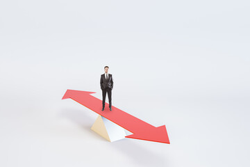 Poster - Choosing the right life concept with businessman staying on red arrow like on a swing on abstract light background