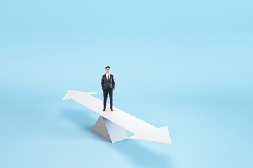 Poster - Businessman on white swing with arrows making decision which way is better, right choice concept