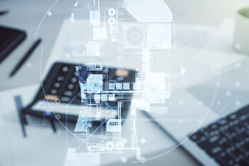 Aufkleber - Double exposure of creative artificial Intelligence hologram on blurry calculator with laptop background. Neural networks and machine learning concept