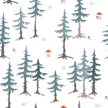 Trees And Fly Aragic Mushrooms Seamless Pattern. Stylish Forest Background, Vector Illustration